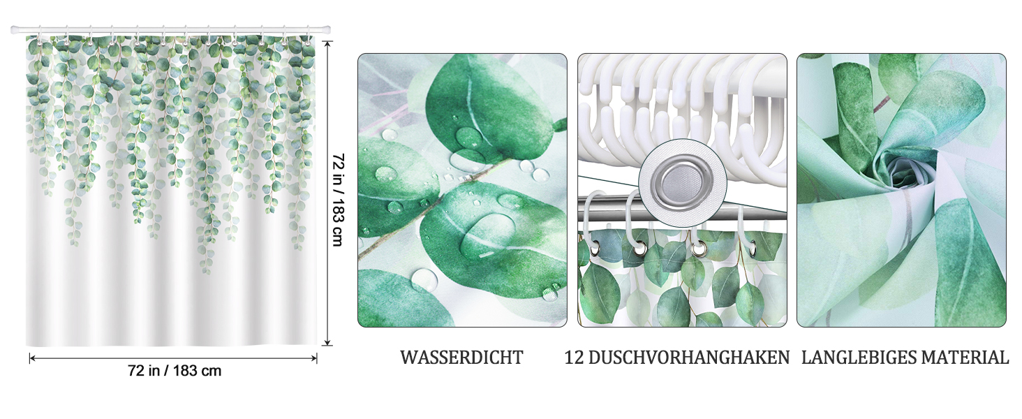 Шторка для душу Bonhause з евкаліптом, зелені листки, 180x180 см, поліестер, антигрибок, водонепроникна, з 12 гачками