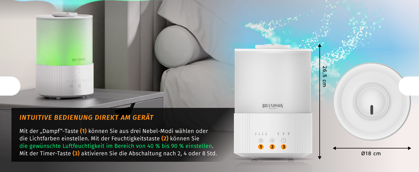Зволожувач повітря Brandson з дисплеєм, 2.5 л, 3 режими, регулювання вологості, тихий, LED-підсвітка, таймер, режим сну, для вітальні та спальні