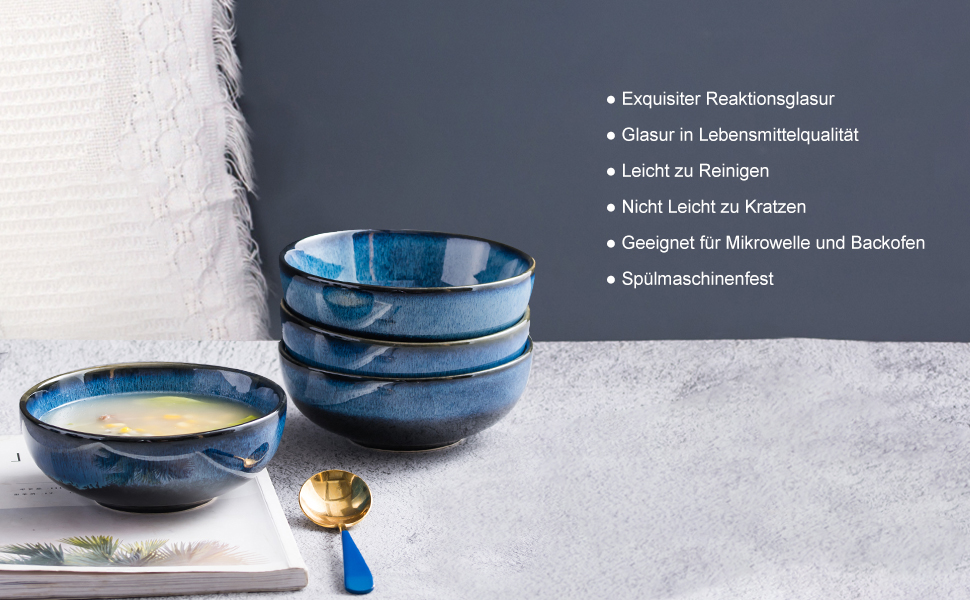 Набір тарілок UNICASA (4 шт.) з порцеляни, 16 см, блакитні - для супу, десерту, каші