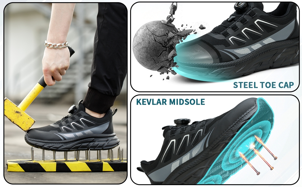 Черевики безпеки для роботи: чоловічі та жіночі, зручні, з металевим носком, легкі, дихаючі, для промисловості, з поворотними пряжками та шнурівками, 42 EU, чорні
