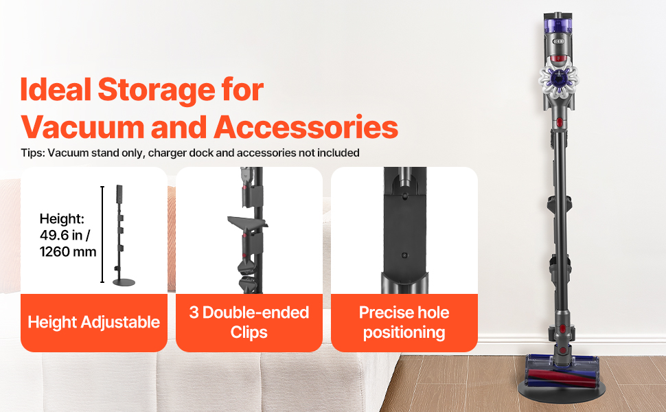 Підставка для пилососа VEVOR 126 см, сумісна з Dyson G5 V15 V12 V11 V10 V8 V7 V6, з аксесуарами, 6 гачків, антиковзаючі ніжки, срібна