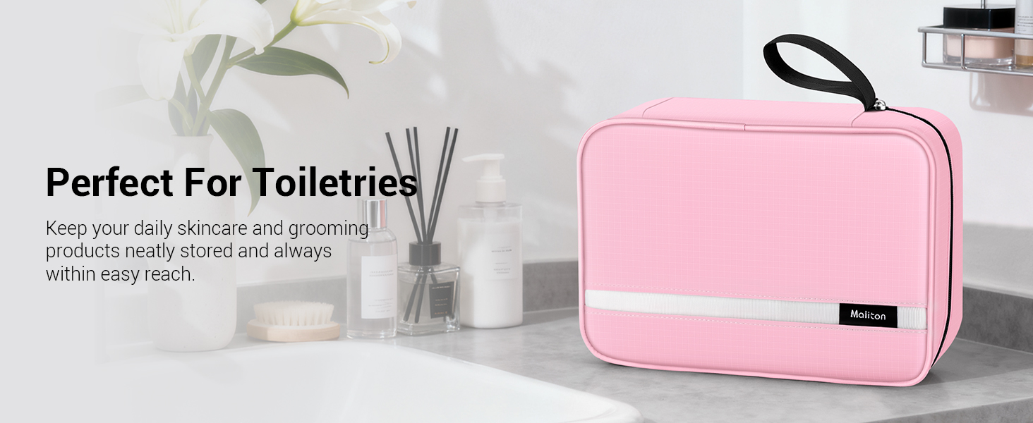 Сумка для косметики Maliton з підвішуванням, водонепроникна | Велика дорожня сумка для подорожей, ділових поїздок, спорту, плавання | Косметичка для жінок та чоловіків з 4 відділеннями, складна та компактна (Рожева)