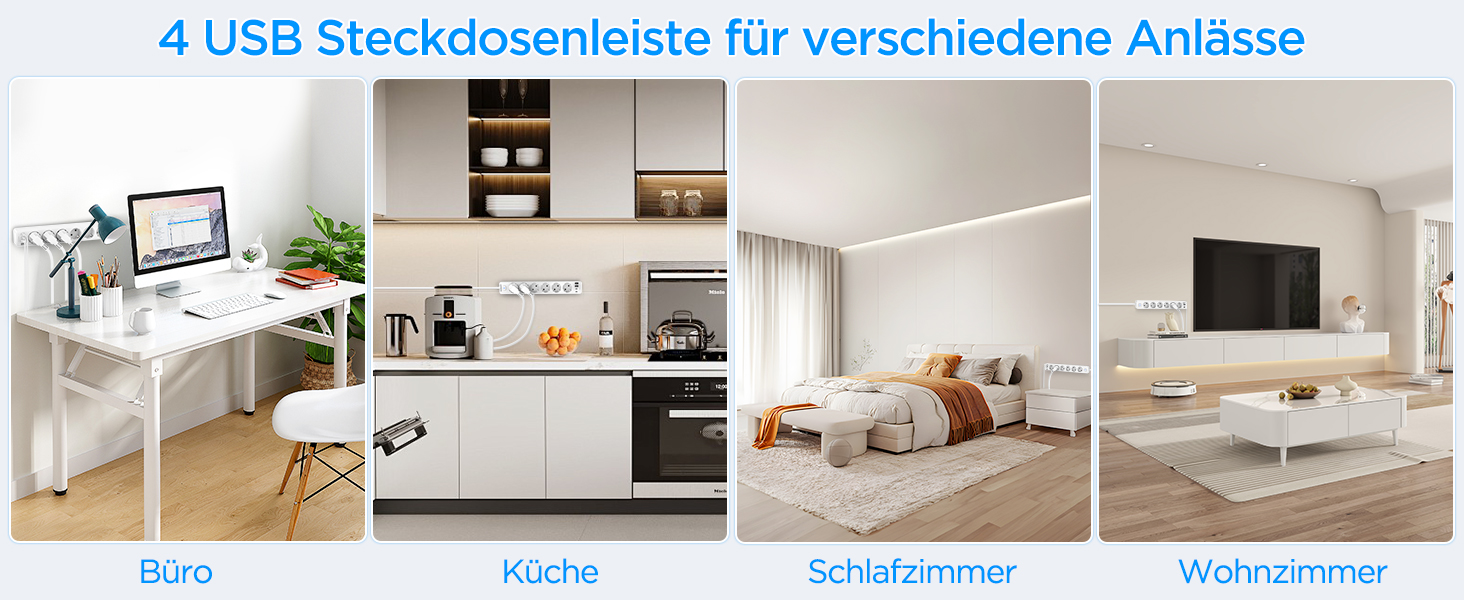 Мережевий фільтр з 4 USB та 6 розеток з вимикачем, для кухні, офісу, 3680W, 16A, 2 Type-C, білий кабель 1.8м