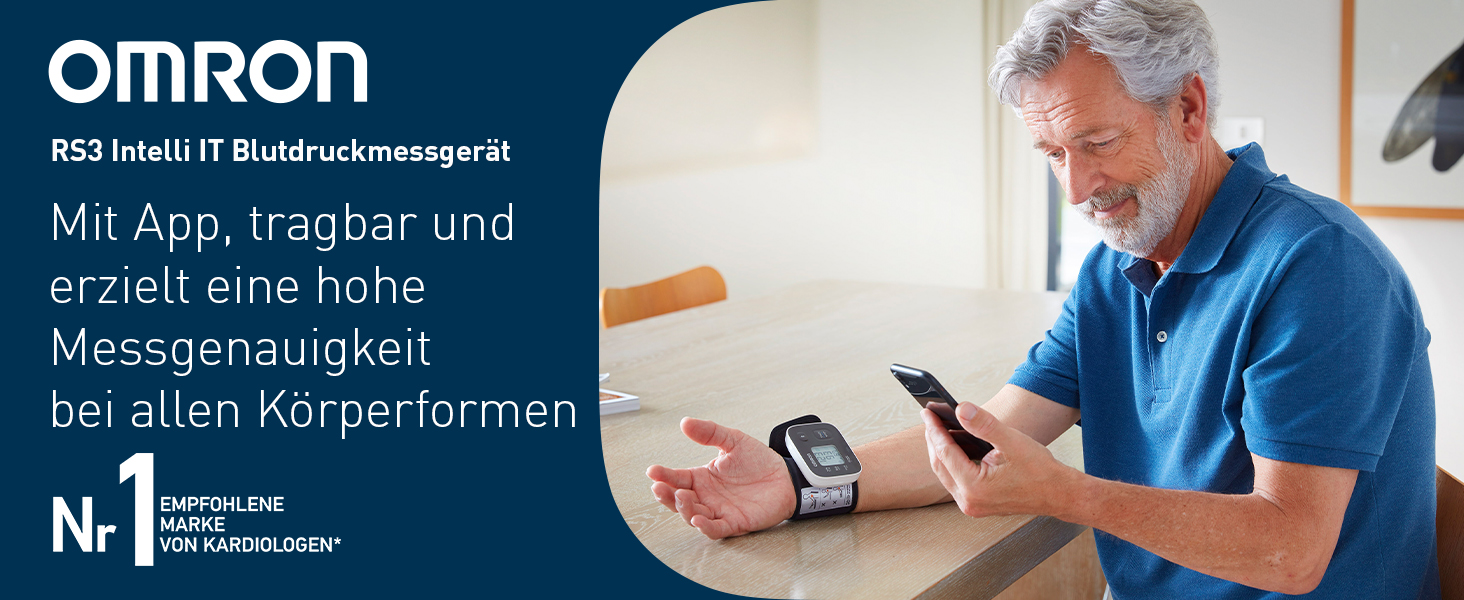 Тонометр OMRON RS3 Intelli IT на зап'ясті, клінічно перевірений, з безкоштовним додатком для смартфонів iOS/Android, манжета 13,5 – 21,5 см, контроль правильного прилягання манжети та 30 місць пам'яті