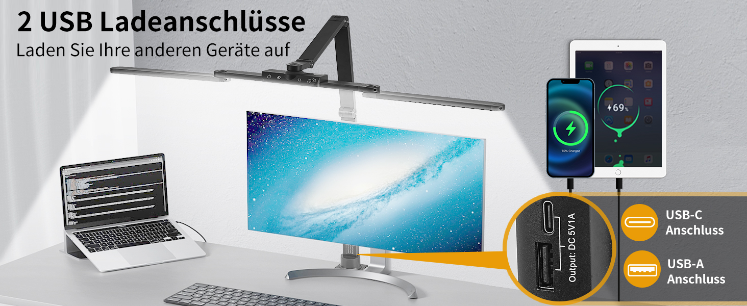LED лампа для столу Litren 80 см з USB, сенсорне управління та таймер, 24W, чорна