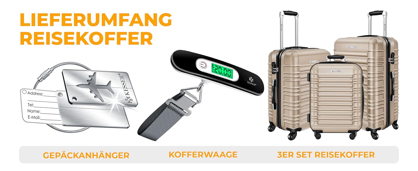 Набір валіз KESSER® 3шт з ABS-пластику: велика, середня, маленька, з телескопічною ручкою, ваговою шалькою та замком, 4 колеса, колір шампань
