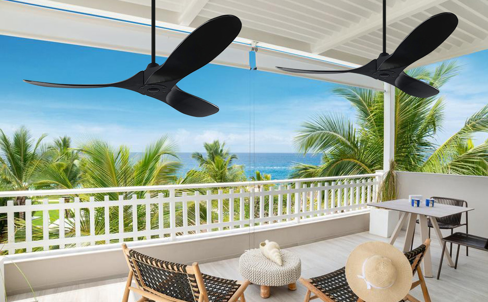 Стеля вентилятор 152 см з ДК-двигуном, 60 дюймів, з пультом керування, 3 лопаті, для дому та вулиці, з таймером (чорний)