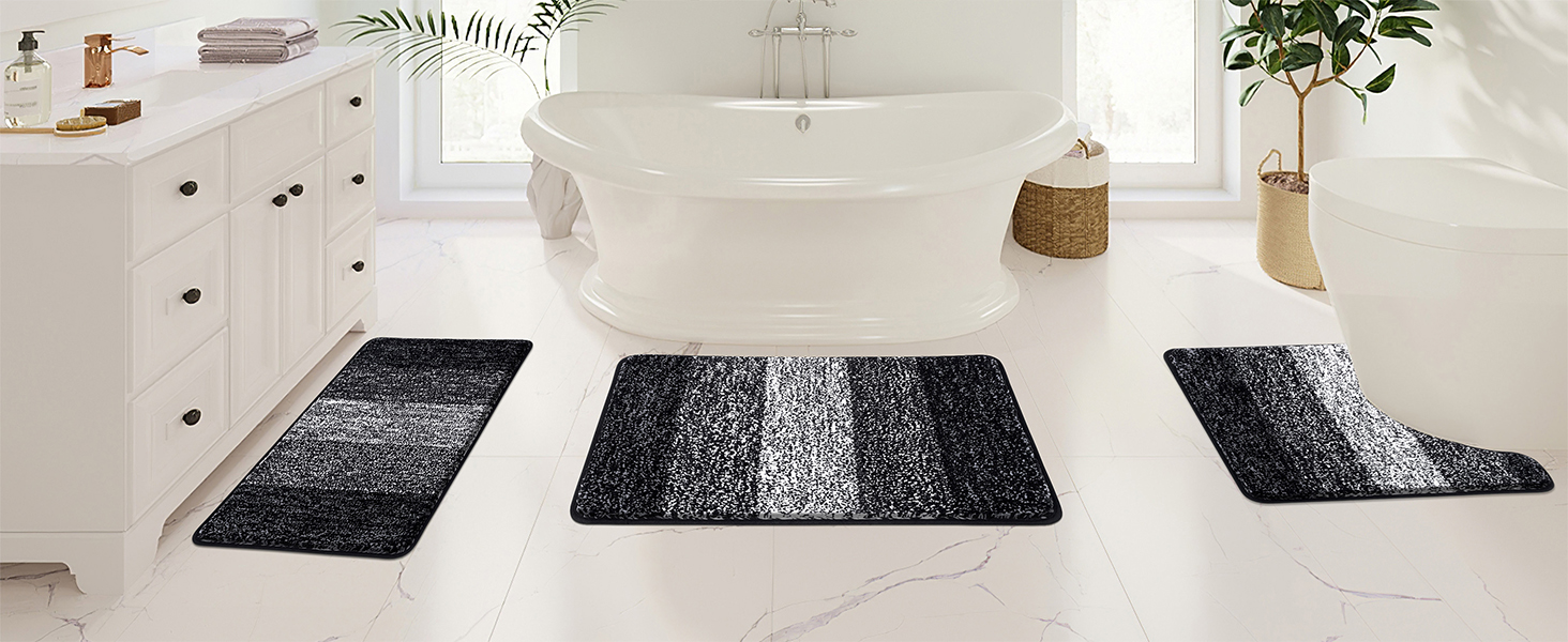 Enyhom 3-Piece Microfiber Bath Mat Set - Non-Slip Bathroom Rugs & Toilet Lid Cover - Soft & Washable (Black, 45x65cm, 50x80cm, 50x60cm)