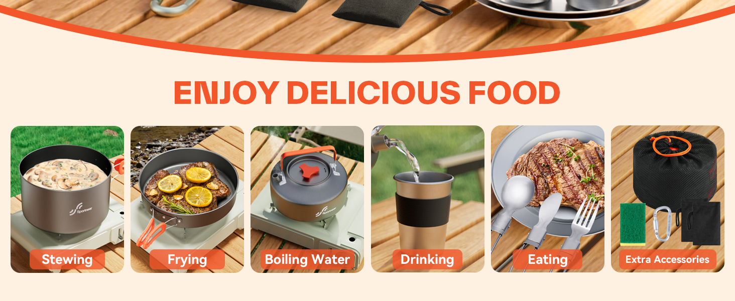 Набір посуду для кемпінгу на 2 особи: каструля, сковорода, чайник, тарілки, чашки, столові прибори (Löffel, Gabeln)