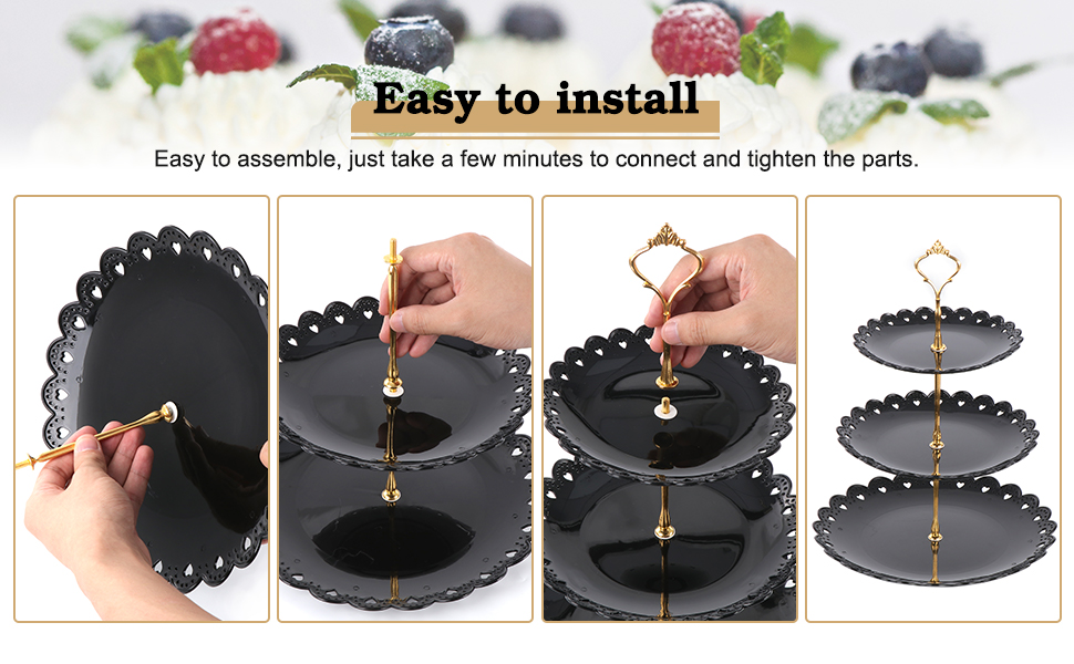 Трирівнева підставка для капкейків, десертів, фруктів, печива, цукерок. Підставка для сервірування на вечірку, весілля, день народження, дитячий свято (пластик, чорний та білий)