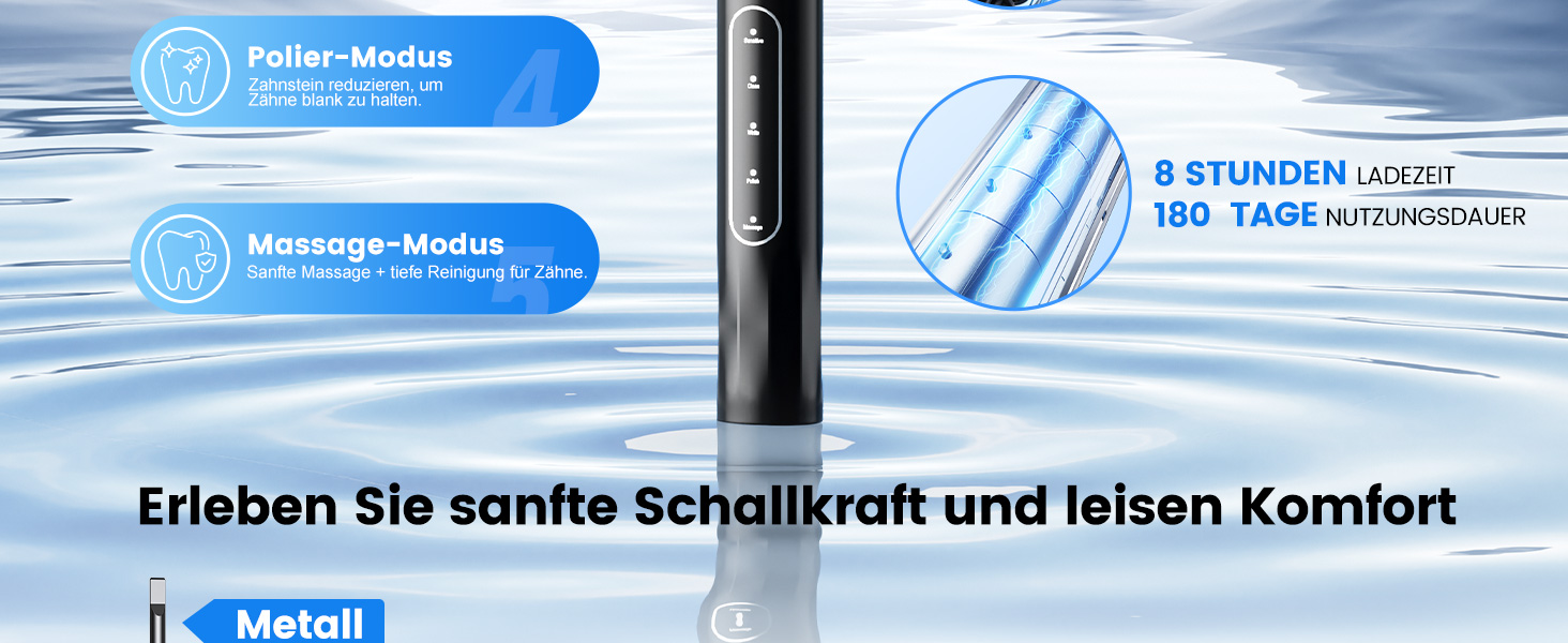 Електрична зубна щітка звукова 5 режимів, таймер 30с, відбілює зуби за 2 тижні, 8 змінних насадок, IPX7, чорний