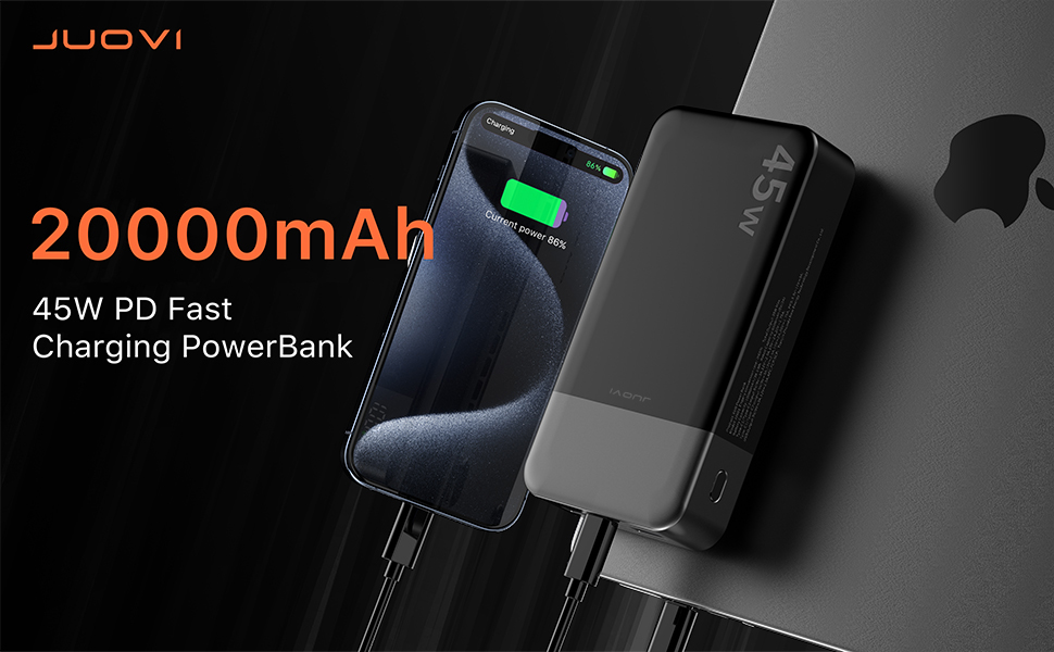 Power Bank JUOVI 20000mAh 45W з LED дисплеєм, швидка зарядка USB-C для MacBook, iPhone 15/14/13 Pro, Samsung S24/S23 (Білий)