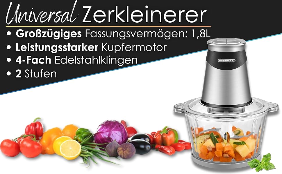 Електричний подрібнювач Multizerkleinerer Blitzhacker 500W 1,8L: універсальний кухонний комбайн для приготування дитячого харчування, горіхів, овочів, фруктів та м'яса. Скляна чаша.