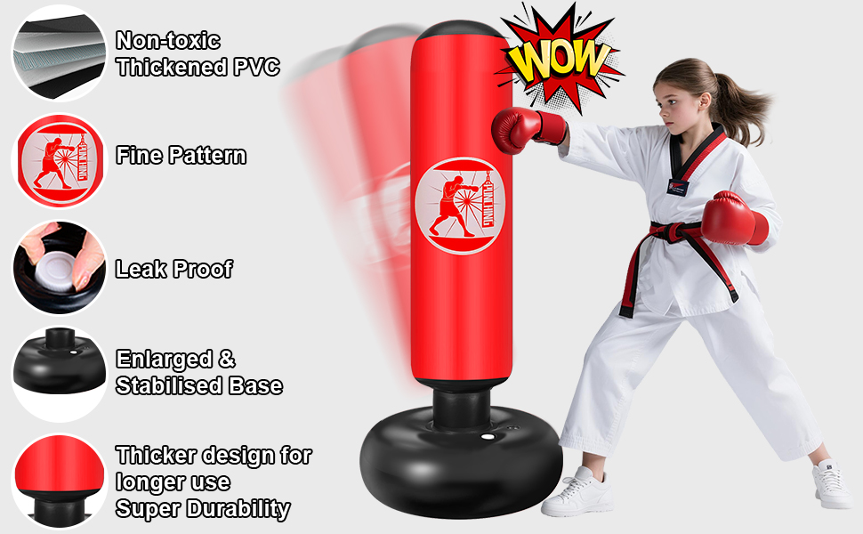 Дитячий боксерський мішок Qoosea для дітей 6-12 років, 160 см, надувний, з боксерськими рукавичками, для карате, кікбоксингу, таеквондо, MMA, червоний
