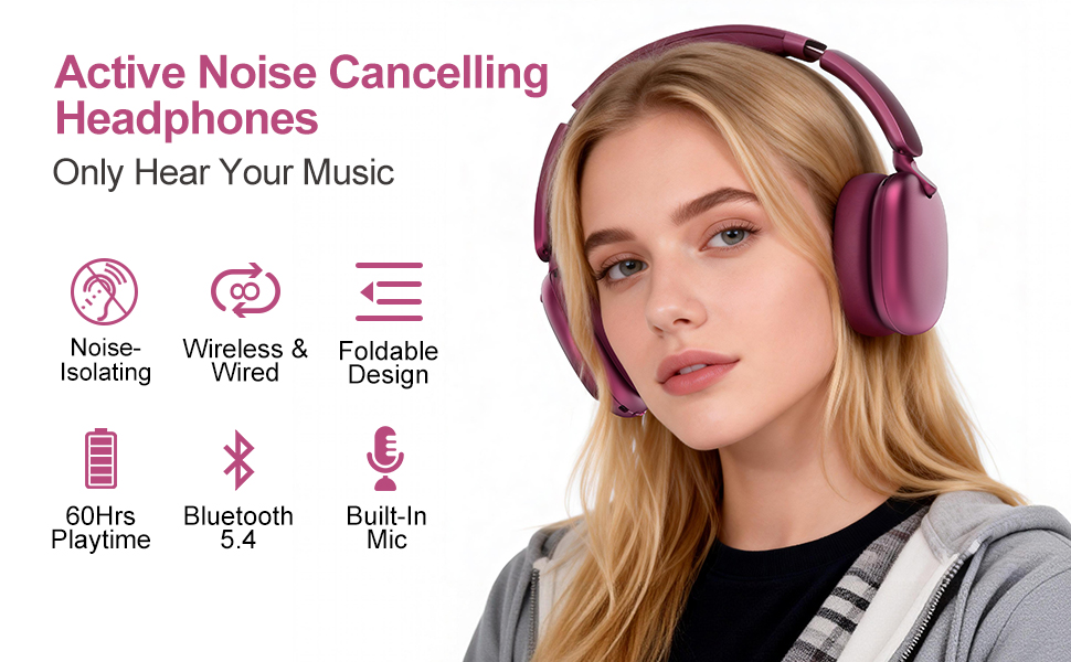 Бездротові накладні навушники C6 з активним шумозаглушенням (ANC), Bluetooth, 60 годин роботи, глибокий бас, з мікрофоном для ПК/iPad, червоні