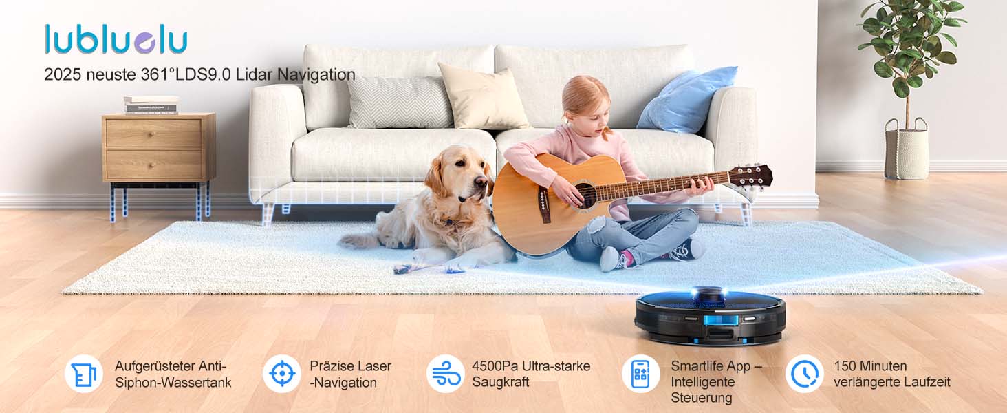 Робот-пилосос Lubluelu 3-в-1 з функцією миття підлоги, 4500Pa, лазерна навігація, 5 карт, 55 dB, для тварин, килимів, твердих підлог, (SL60D), блакитний