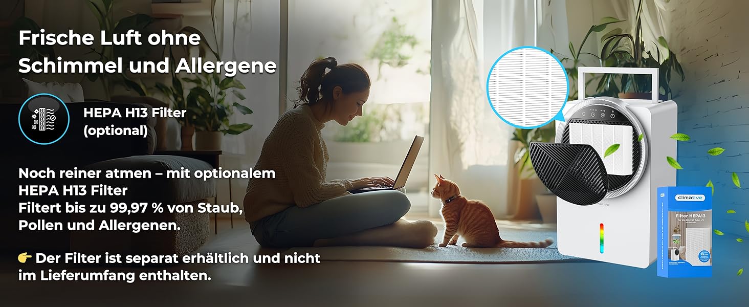 Електричний осушувач повітря Climative ION 12L/24h з Wi-Fi та очищувачем повітря для дому, квартири, ванної кімнати. Захист від вологи та плісняви до 20 м² (Adso)