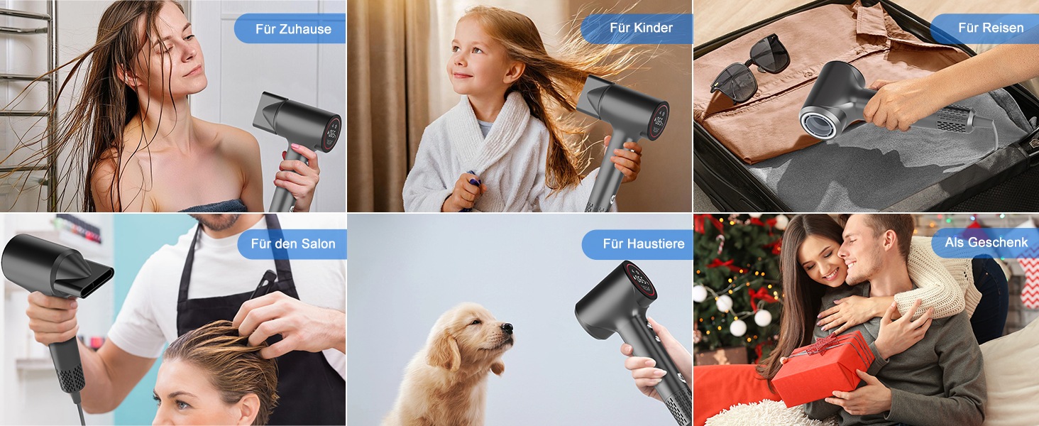 Фен для волосся з плазмою та безщітковим мотором 110 000 об/хв – швидке сушіння, тиха робота, з магнітною насадкою, для дому та подорожей (темно-сірий)