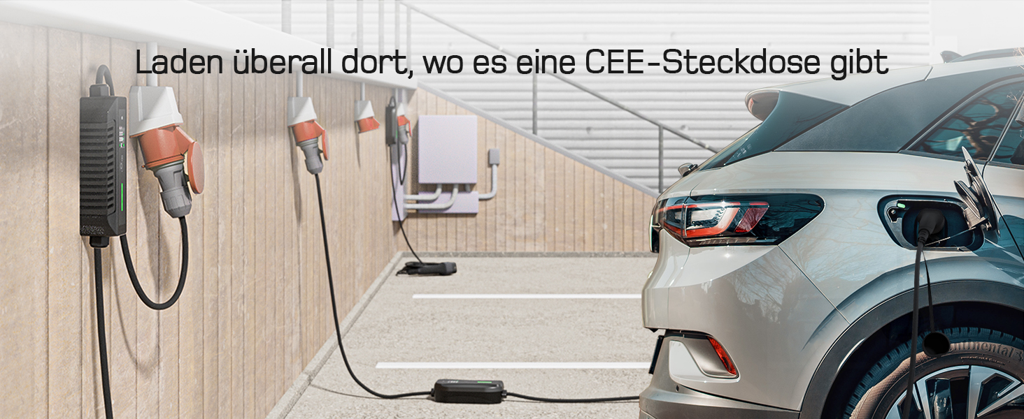 Мобільна зарядна станція/Wallbox Dé 11 кВт (3-фазна) з регульованою потужністю, кабель CEE 16A на Typ 2, сумісна з Model Y/3, ID.3/4/5, MG4, EX30, e-up, e-tron, Zoe та інші електромобілі