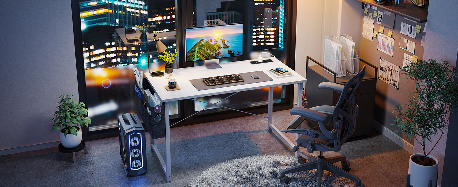 Комп'ютерний стіл Coleshome 100x48 см з розетками, тримачем для навушників та кишенькою для зберігання. Білий офісний/ігровий стіл для дому та офісу.