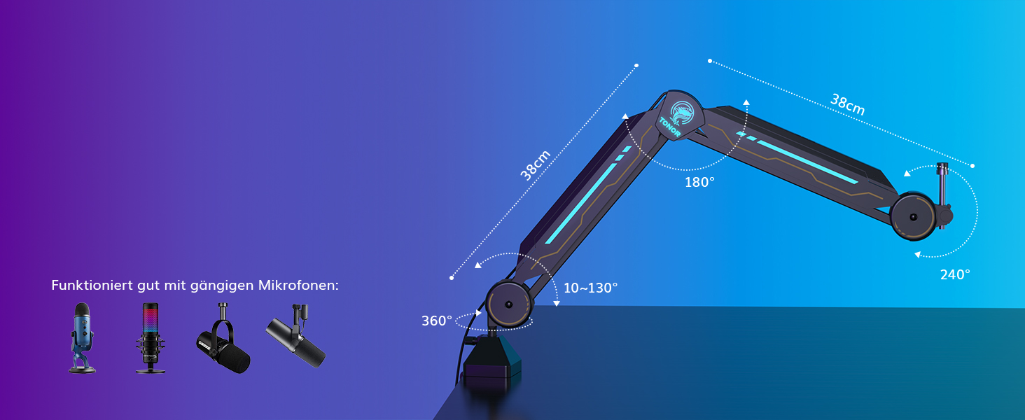 Підставка для мікрофона TONOR з RGB підсвічуванням, сенсорне регулювання, 11 режимів світла, сумісна з усіма мікрофонами, модель T90