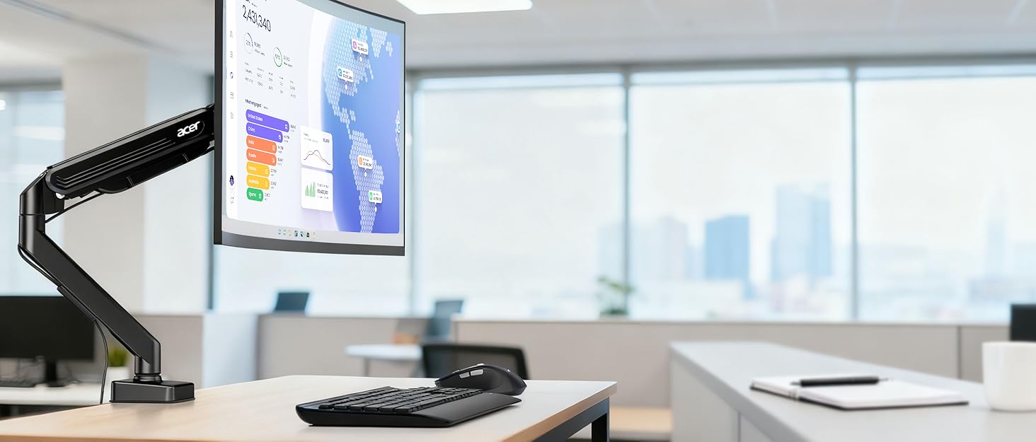 Кронштейн для двох моніторів Acer Dual-Monitor Arm, газліфт для екранів 17-32 дюймів, навантаження 2-9 кг, VESA 75/100 мм, з кабельний-менеджментом