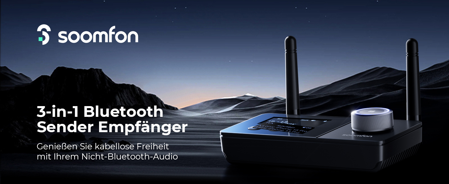 SOOMFON Bluetooth 5.3 Передавач-Приймач для 2 навушників, 3-в-1 Аудіоадаптер з подвійною антеною, Bluetooth Передавач-Приймач для ТВ/Стереосистеми, з регулюванням гучності, Aux/Cinch/Оптичний