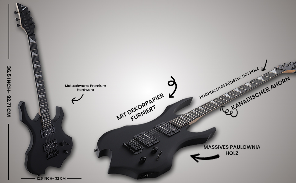 Електрогітара Pyle E – Комплект для гітари з підсилювачем, чохлом, струнами, ременем, тюнером та кабелем, для важкого металу та подорожей, чорна