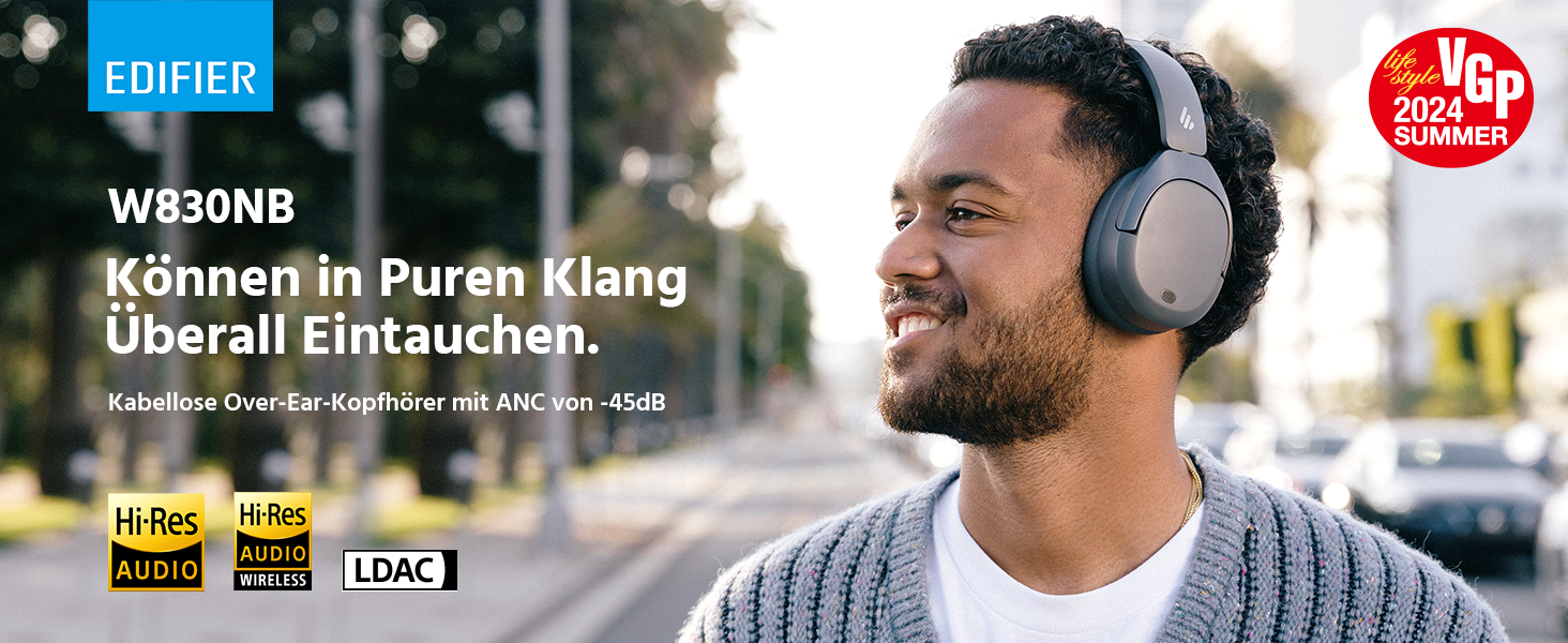 Edifier W830NB Бездротові навушники Over-Ear з ANC -45dB, 94год. акумулятор, LDAC Hi-Res звук, Spatial Audio, швидка зарядка, Bluetooth V5.4 (Сірий)