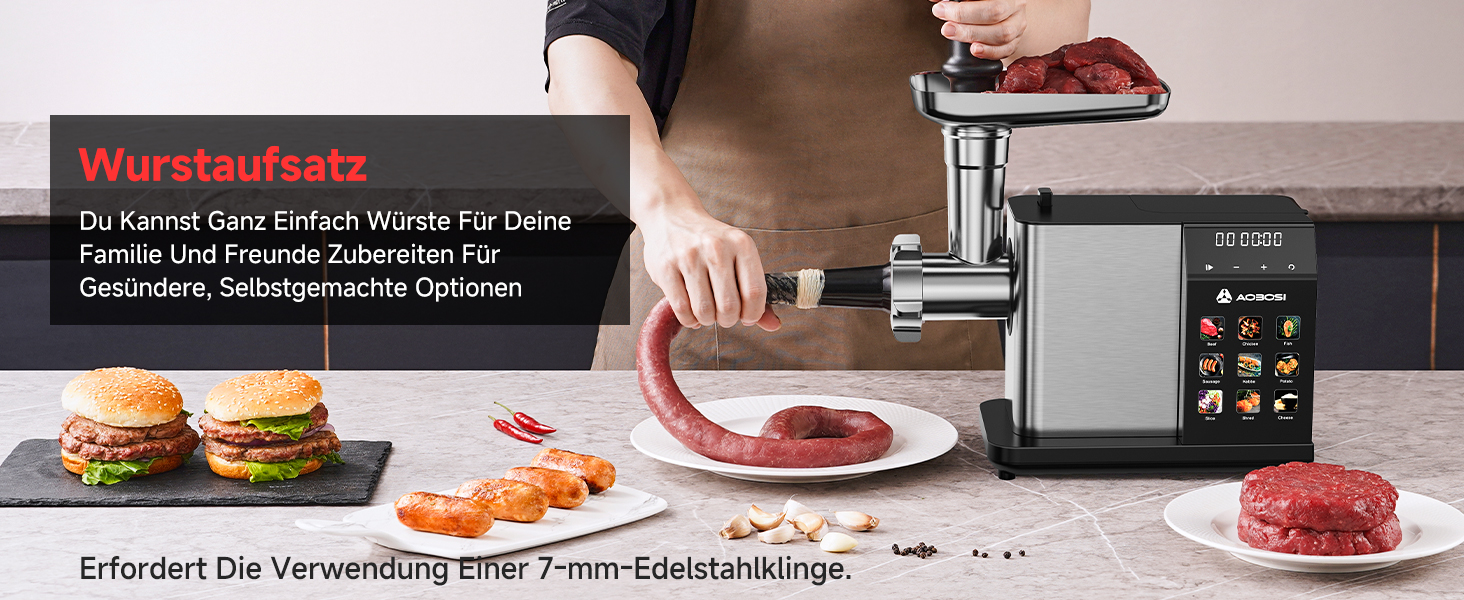 М'ясорубка електрична AAOBOSI 3000W з LED-дисплеєм, 3 швидкості, анти-затор, контейнер для зберігання, для ковбас та кібе, срібляста