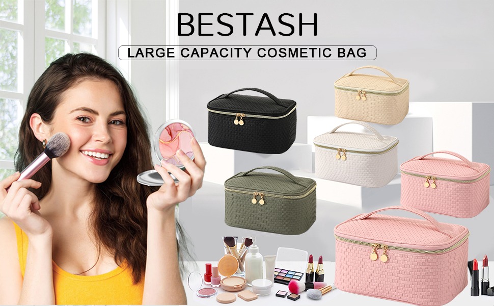 Жіноча косметичка для подорожей, водонепроникна, з відділенням для пензлів, з PU шкіри, велика, органайзер, сумка для макіяжу (Хвилястий зелений) (Світло-рожевий)