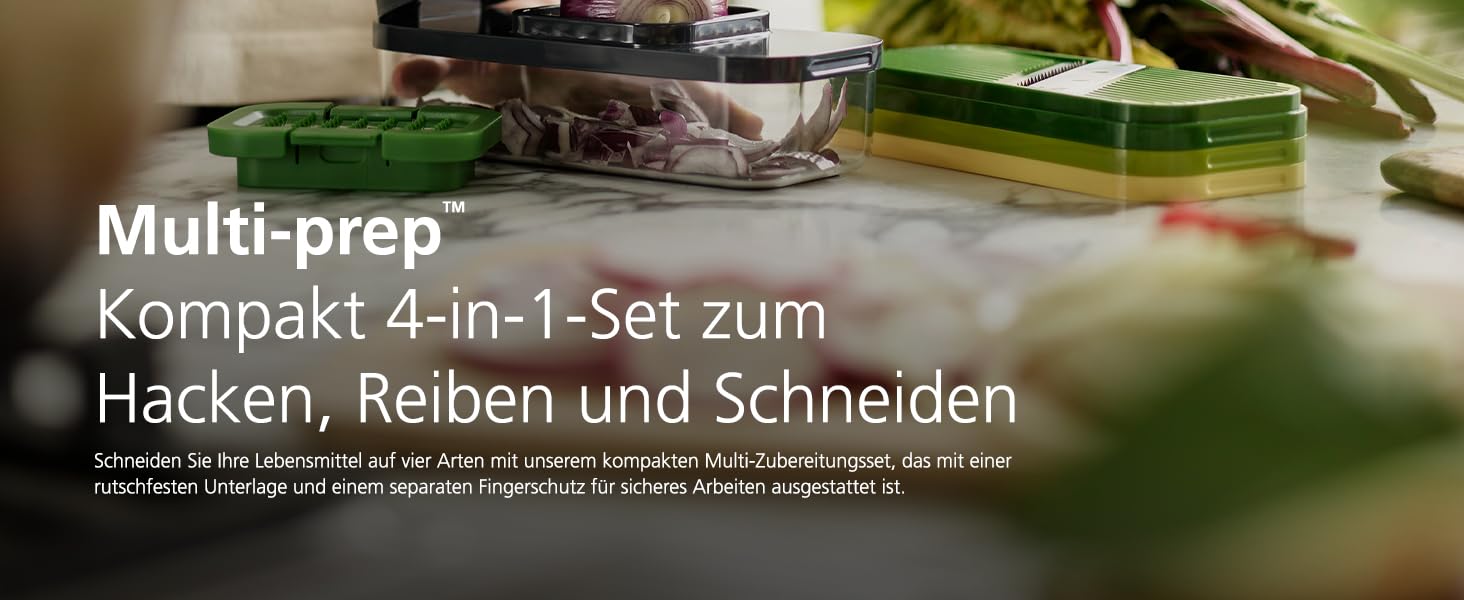 Набір Joseph Joseph Multi-Prep Compact 4-в-1: овочевий тертак, шинкер для цибулі, нарізчик для картоплі фрі, тертак для сиру, нарізчик Julienne з контейнером