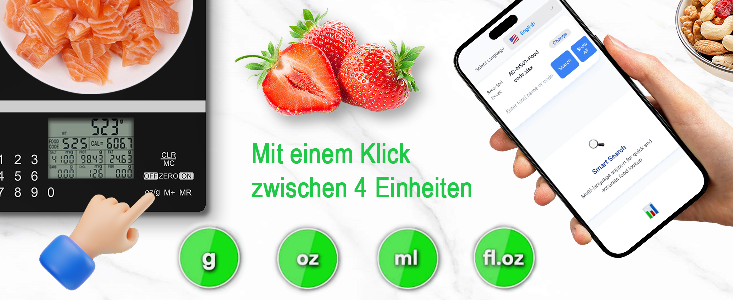 Розумна вага ACCT 5000g для харчування: з кодами продуктів, контролем порцій, для випічки та схуднення. 4 одиниці, функція тарування, батарейки
