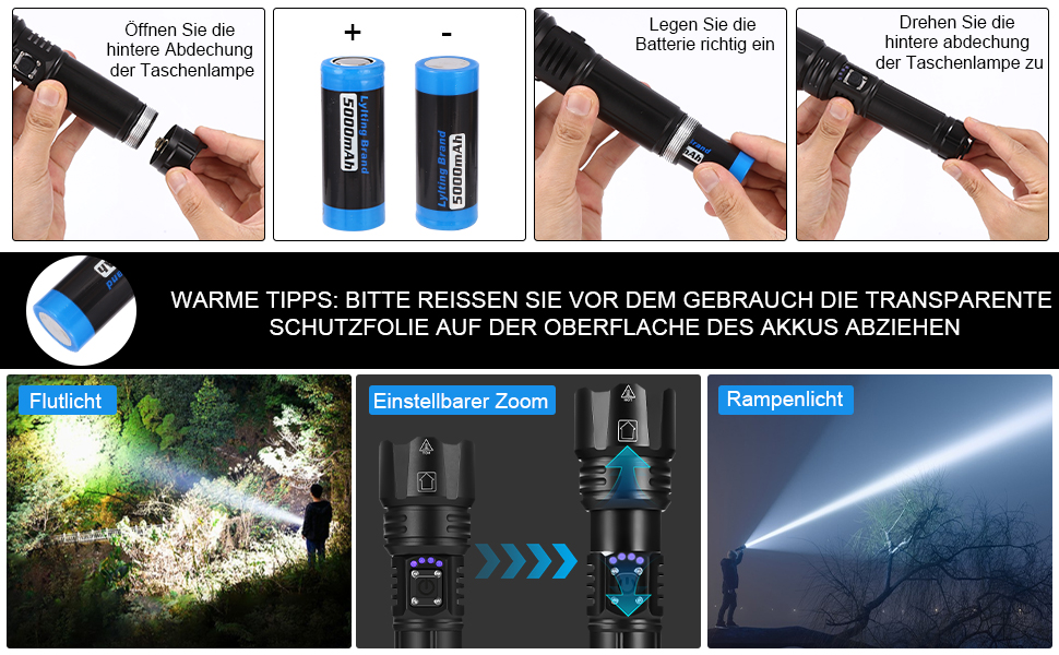 LED ліхтарик на акумуляторі, надзвичайно яскравий 1200000 люмен, з функцією зуму, тактичний, з 5 режимами, водонепроникний IP67, для кемпінгу, риболовлі, туризму, активного відпочинку та надзвичайних ситуацій (P70-kit)