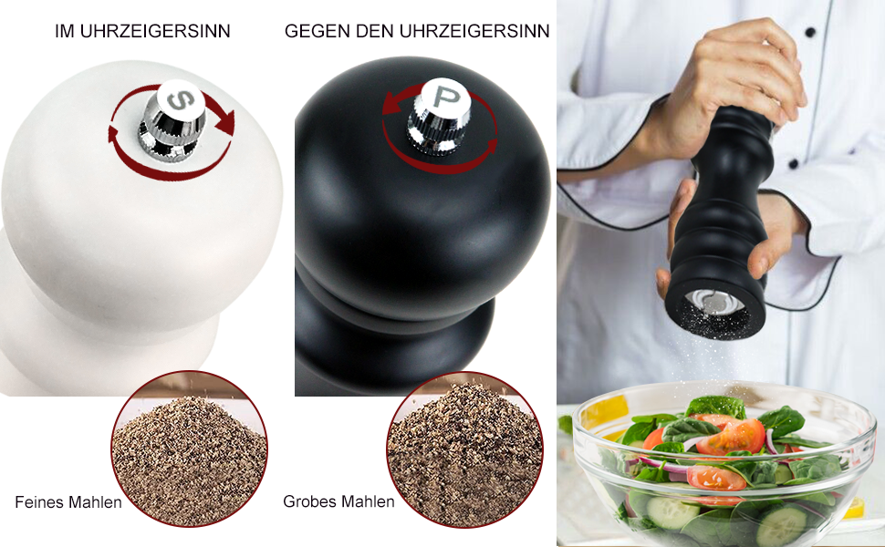Набір для солі та перцю: ручні млини для перцю та солі, чорного кольору, великі. Дерев'яні млини для спецій з регульованою керамічною помелювальною камерою (від дрібної до грубої). 6,5 дюйми для морської солі, чилі, грубої солі (чорний та білий), 2 шт.