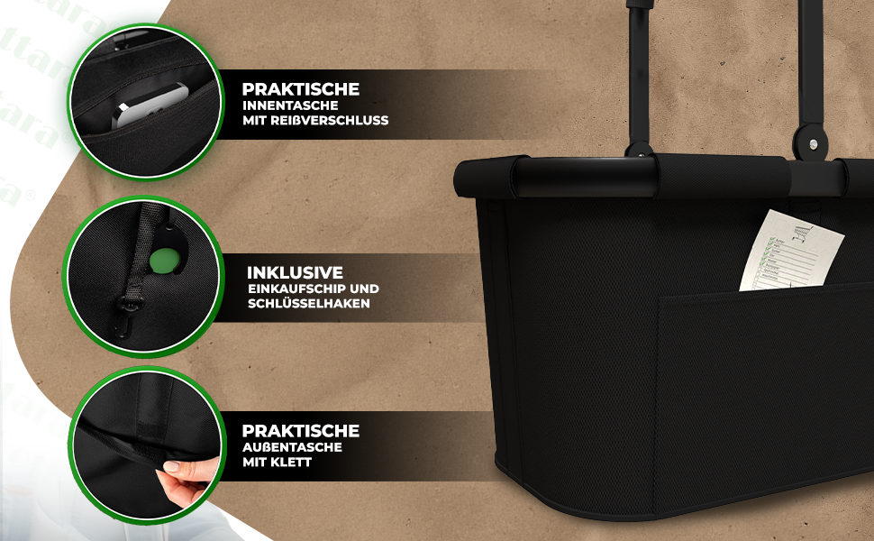 Великий стабільний кошик для покупок | Кошик для перенесення з ручками та посиленим дном, передня кишеня та внутрішня кишеня на блискавці | Ідеально як сумка для покупок, кошик для пікніка або шопер (Світло-сірий Рожевий)