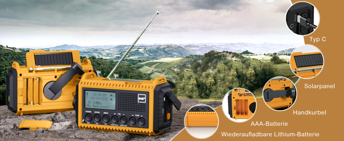 Радіоприймач Kurbelradio з DAB+/DAB/UKW, акумулятор 5000mAh, ліхтарик, аварійне радіо, USB-зарядка, FM, динамо, SOS-сигнал, для туризму та відпочинку на природі (жовтий)