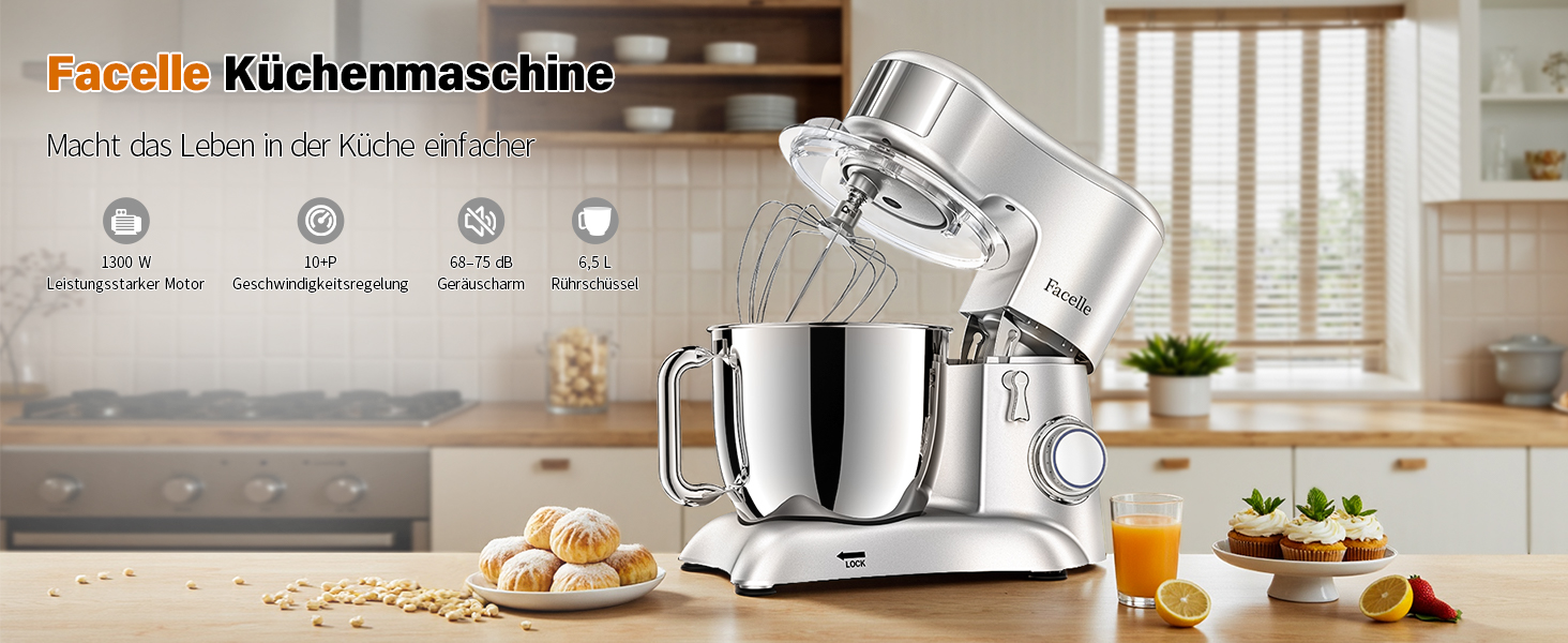 Кухонна машина Facelle 6.5L з нержавіючої сталі, 10 швидкостей + імпульсний режим, міксер для тіста з набором для випічки