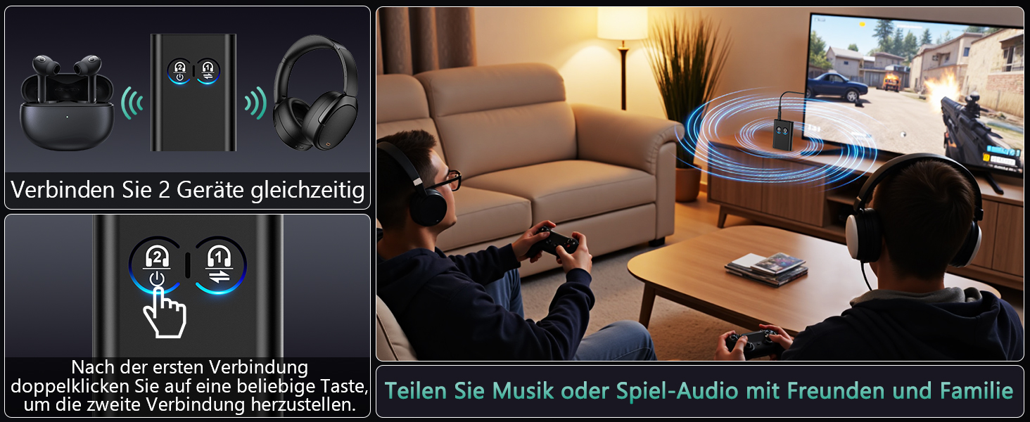 ORIA Bluetooth 5.3 Аудіоадаптер 2-в-1: для стереосистем, навушників, колонок, ноутбуків. Зарядка Type-C (Чорний)