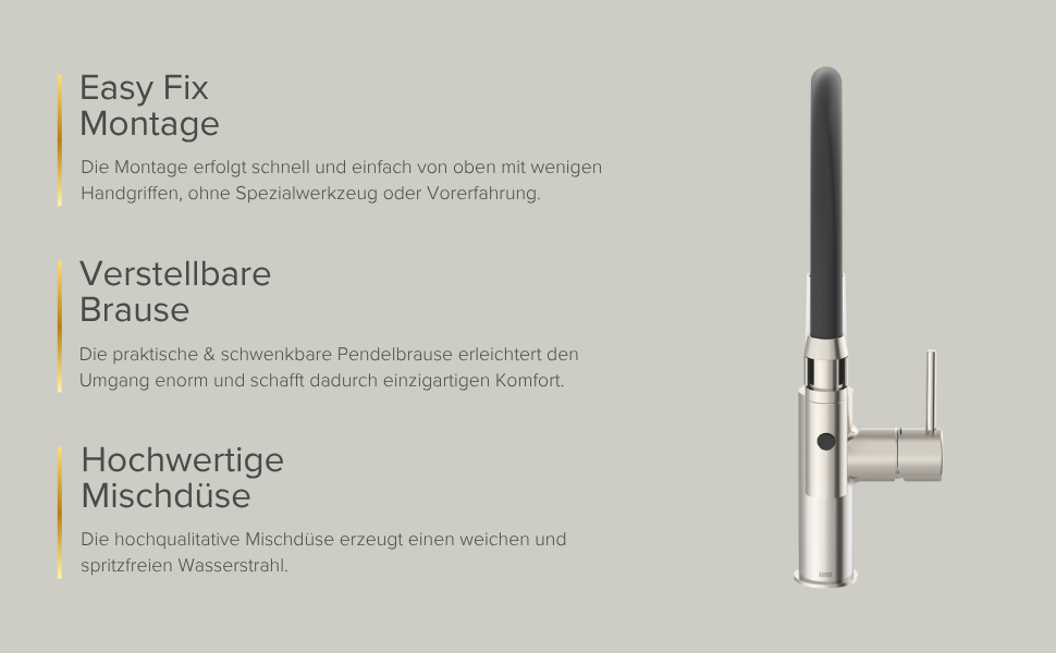 Кухонний змішувач Lenz NALU нікель-матова поверхня, висувна насадка, 2 режими, економія води, антифотковідбиток, монтаж зверху, артикул 46070422