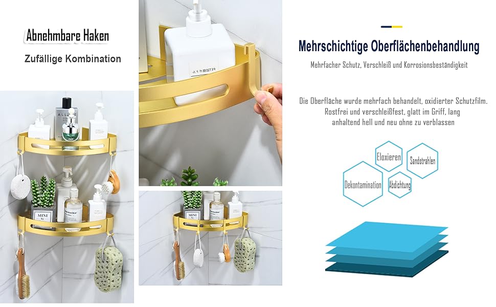Поличка для душу без свердління, кутова поличка для ванної кімнати з алюмінію Space, трикутна корзина для душу з гачками, органайзер для шампуню, антикорозійна (2 шт., піскоструминне золоте покриття)