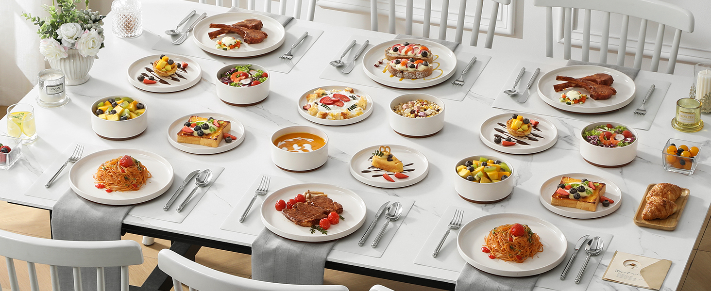 Набір посуду MALACASA з каменю (18 предметів) для 6 осіб, керамічний сервіз з глазур'ю 'сезам', білий з коричневим дном, набір тарілок та мисок