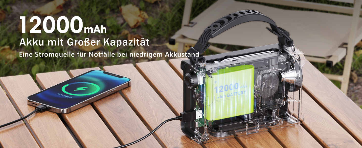 Радіоприймач Kurbelradio з DAB/DAB+/UKW, акумулятор 12000mAh, сонячна панель 8500mm², ручне радіо, Bluetooth 5.0, ліхтарик, ліхтар для читання, Outdoor, кемпінг, зелений (чорний)