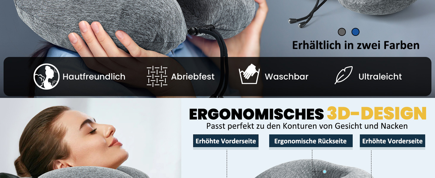 Подушка для шиї HIKENTURE надувна для подорожей літаком/поїздом з чохлом. Зручна подушка-ворітниця для дорослих. Кольори: синій, темно-сірий.