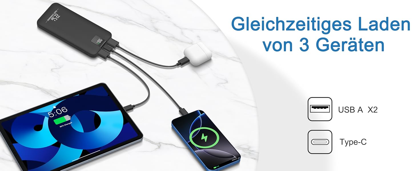 Powerbank 10000mAh 22.5W з LCD-дисплеєм: швидка зарядка, 3 виходи, 2 входи (USB-C), чорний