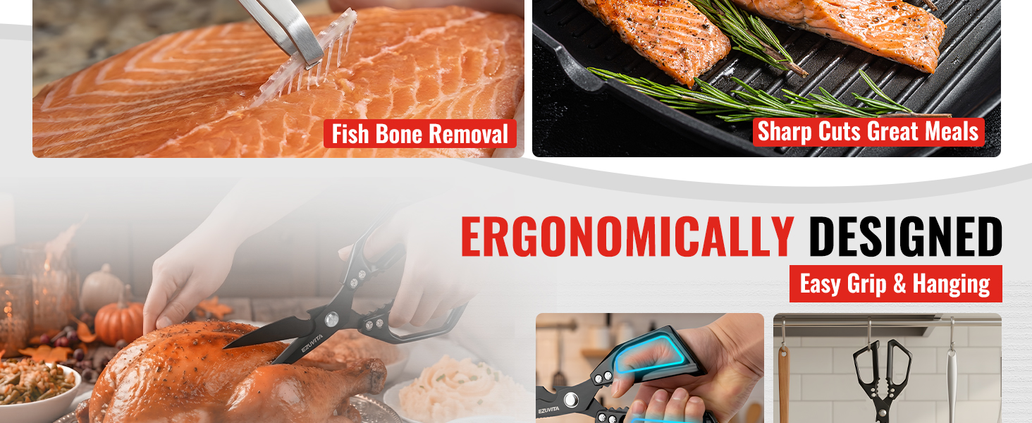 Кухонні ножиці 5-в-1 з пінцетом, титанове покриття, нержавіюча сталь, для птиці, риби, м'яса, чорний колір