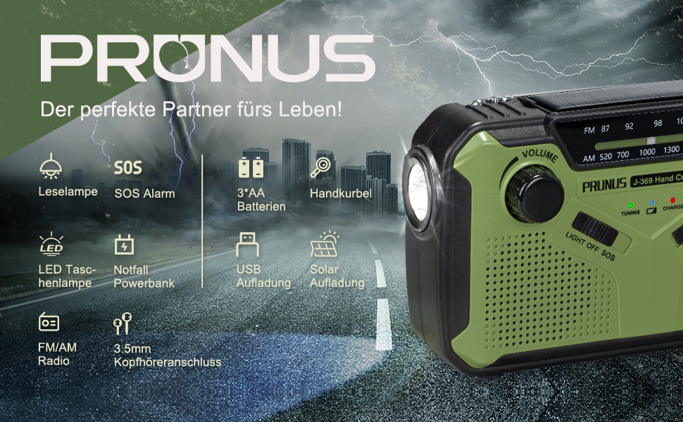 Радіо PRUNUS J-369: FM/AM, з ручним заводом, сонячна панель, Power Bank 3000mAh, SOS-сигнал, ліхтарик для кемпінгу та надзвичайних ситуацій (зелене)
