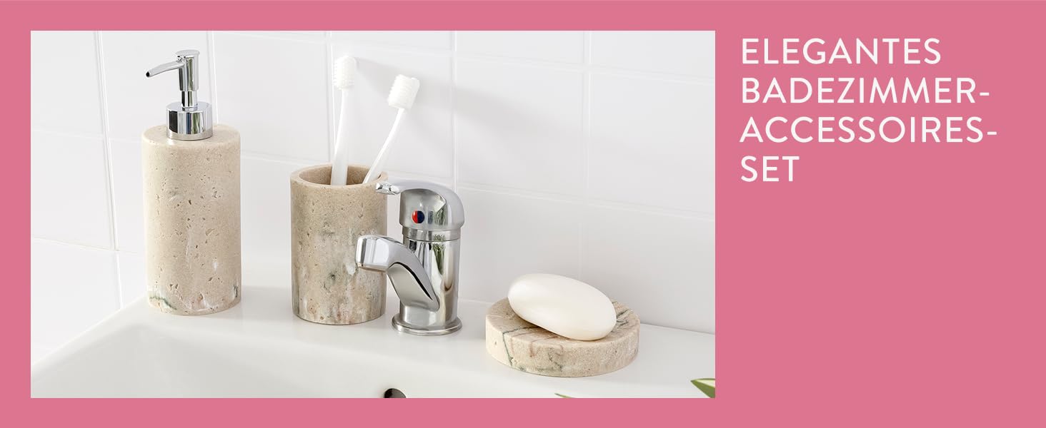 Набір для ванної кімнати Navaris: дозатор для мила, стакан для зубної пасти, 3 шт. - аксесуари для ванної кімнати, набір, штучний камінь, мармур, бежевий