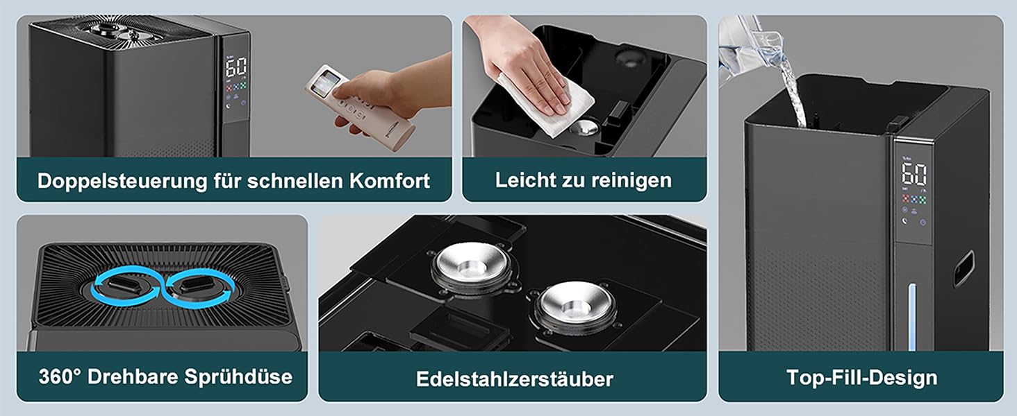 Зволожувач повітря для великих приміщень 20L, теплий та холодний туман, зволожувач до 280м², 360° ультразвуковий зволожувач, для спальні/вітальні/офісу/рослин/комерційного використання, чорний