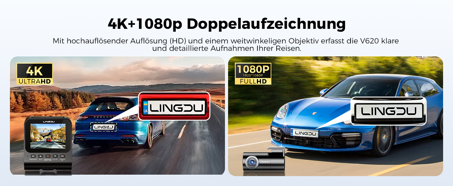 Відеореєстратор для авто Dashcam Auto Vorne Hinten 4K + 1080P з двома камерами, IPS-екран 2.4', SD 64GB, запис голосом, паркувальний режим, покращена нічна зйомка, WDR